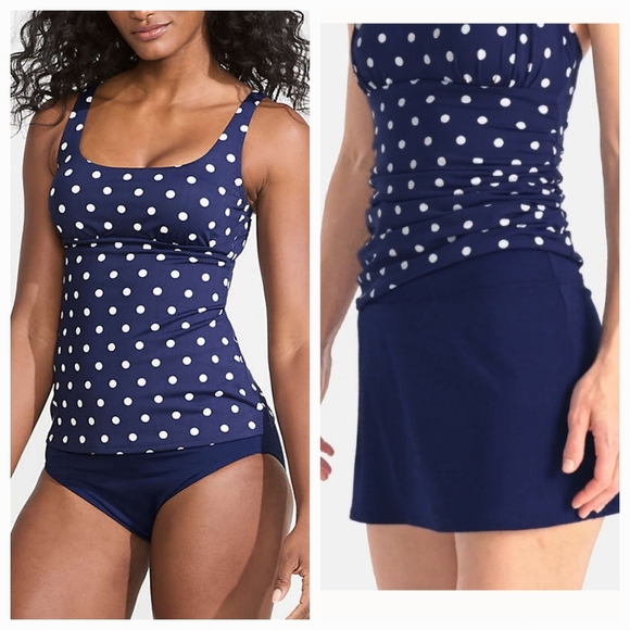 Lands End Navy Polka Dot Underwire Tankini Swim Suit Skirt New Size 10 12 Petite - Picture 1 of 8